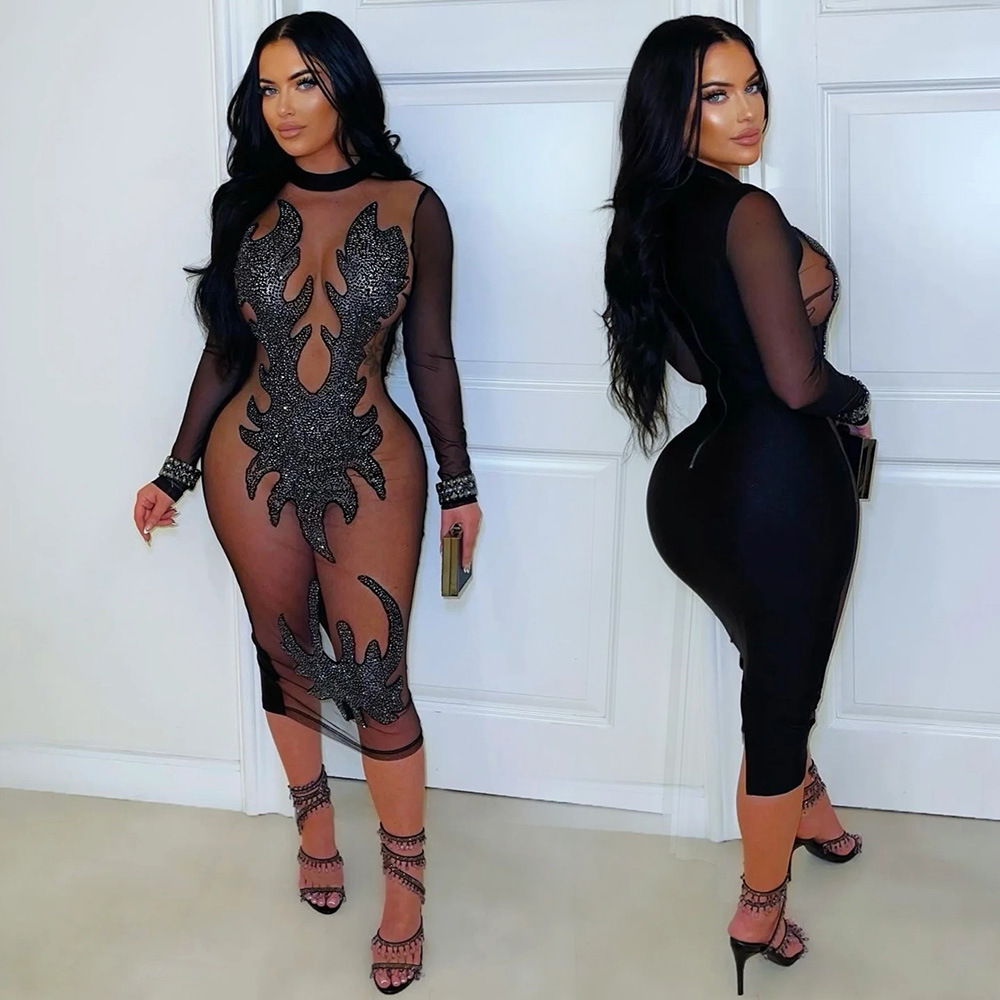 Sexy sequins round neck Casual fashion perspective dress