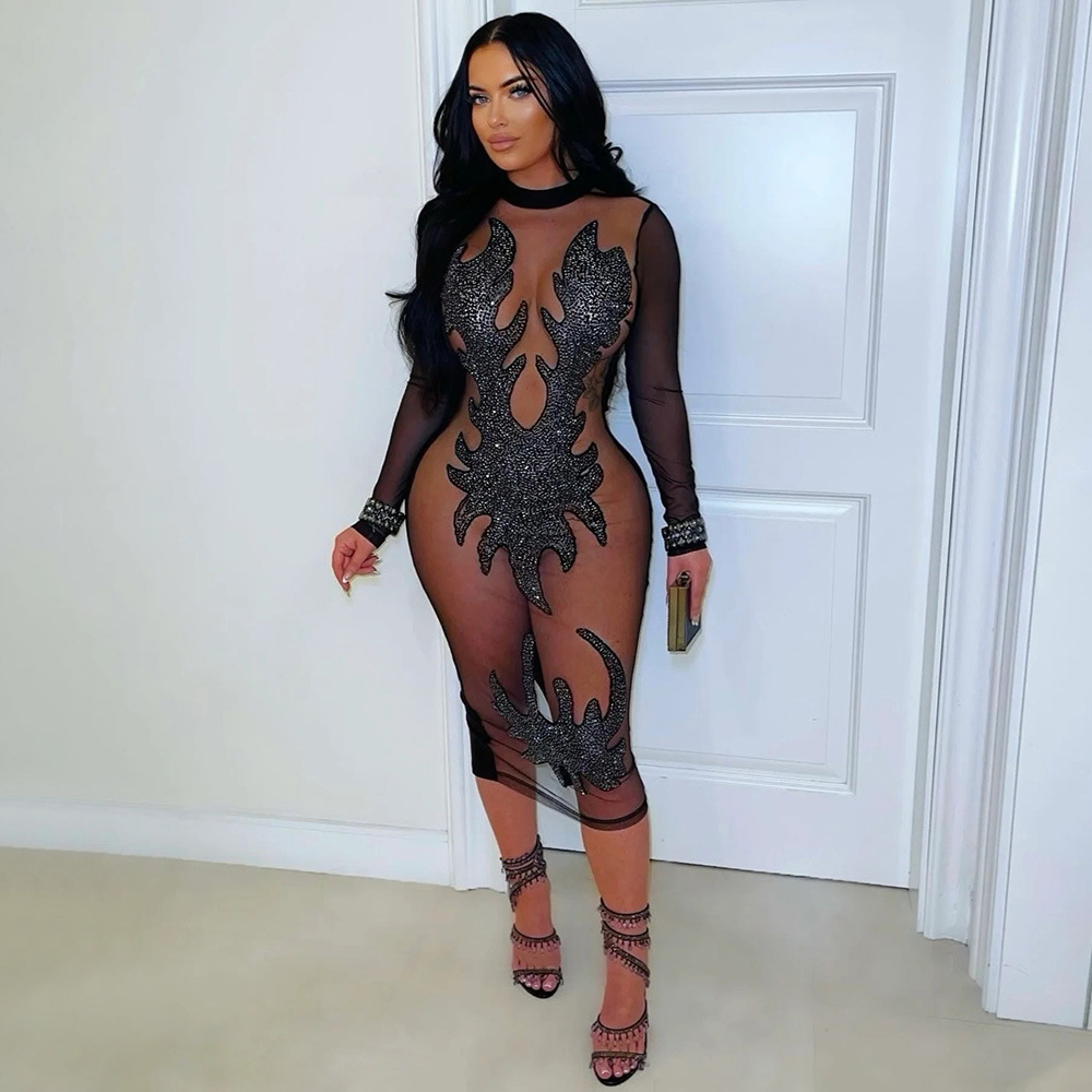 Sexy sequins round neck Casual fashion perspective dress