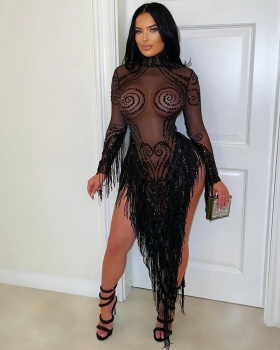 Sequins perspective round neck tassels dress