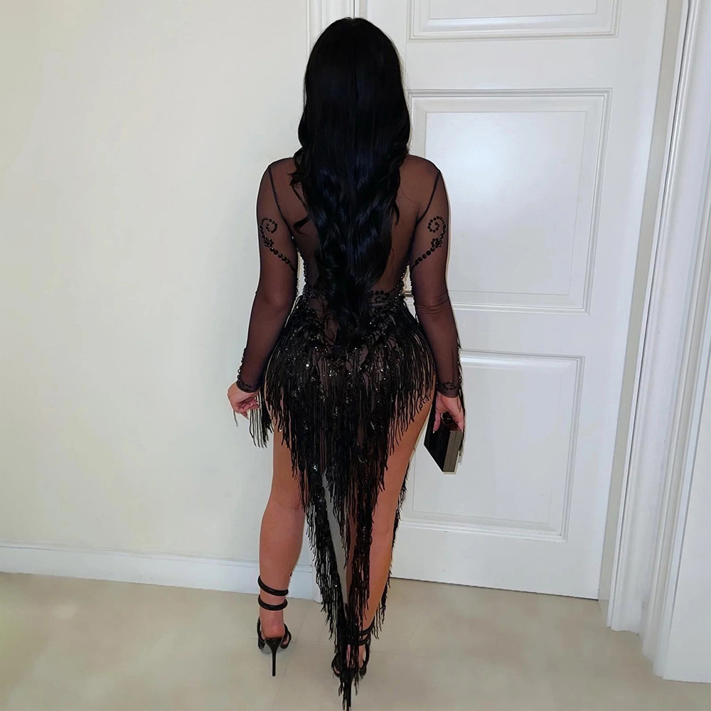 Sequins perspective round neck tassels dress