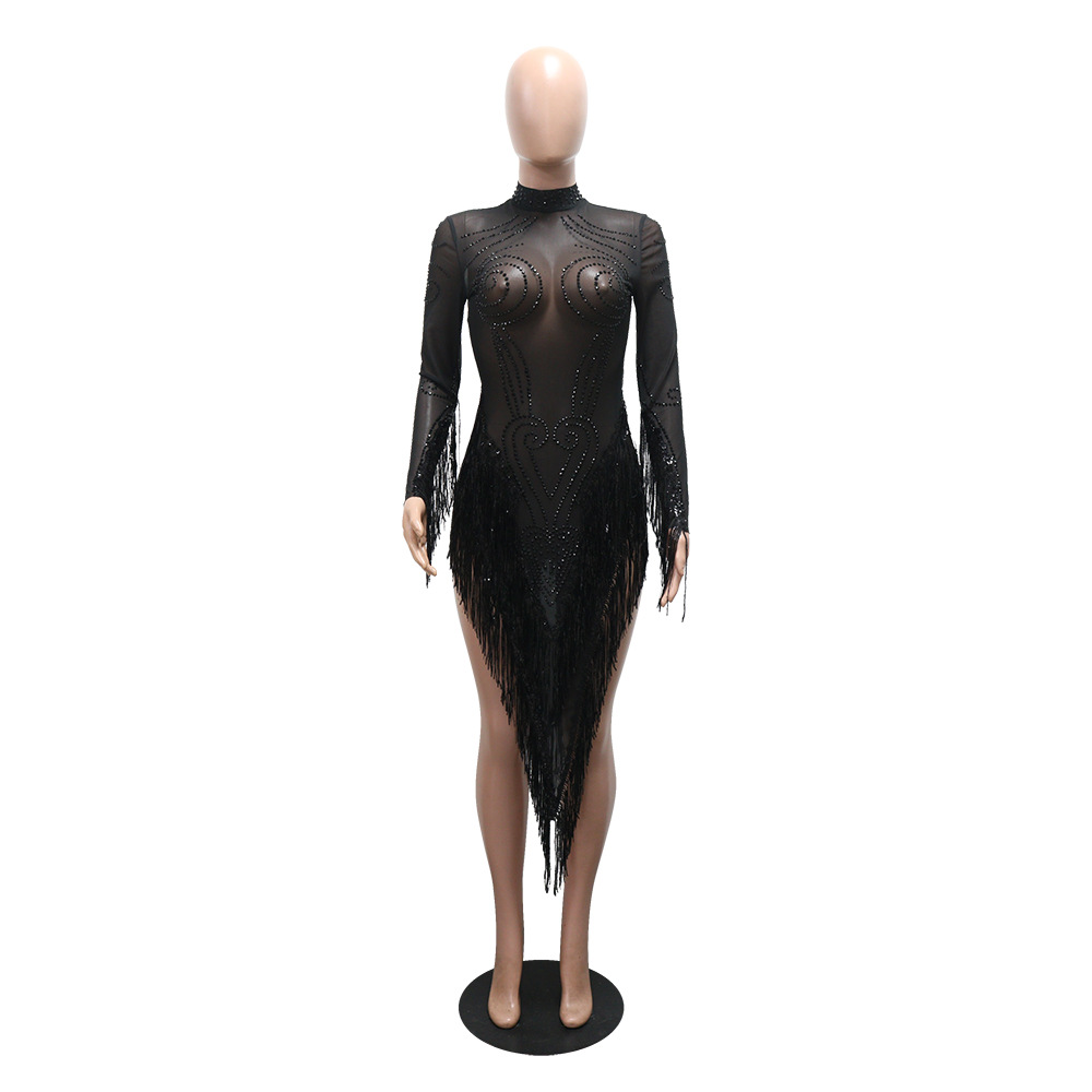 Sequins perspective round neck tassels dress