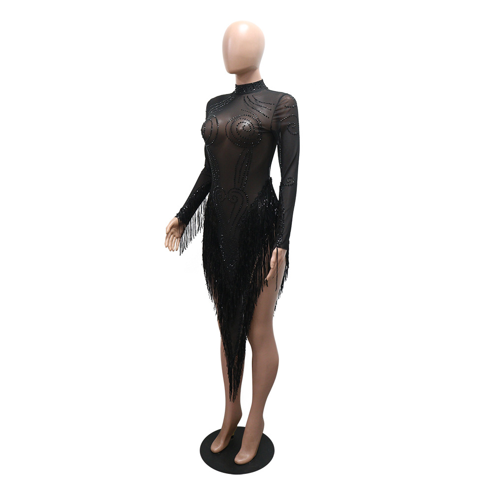 Sequins perspective round neck tassels dress
