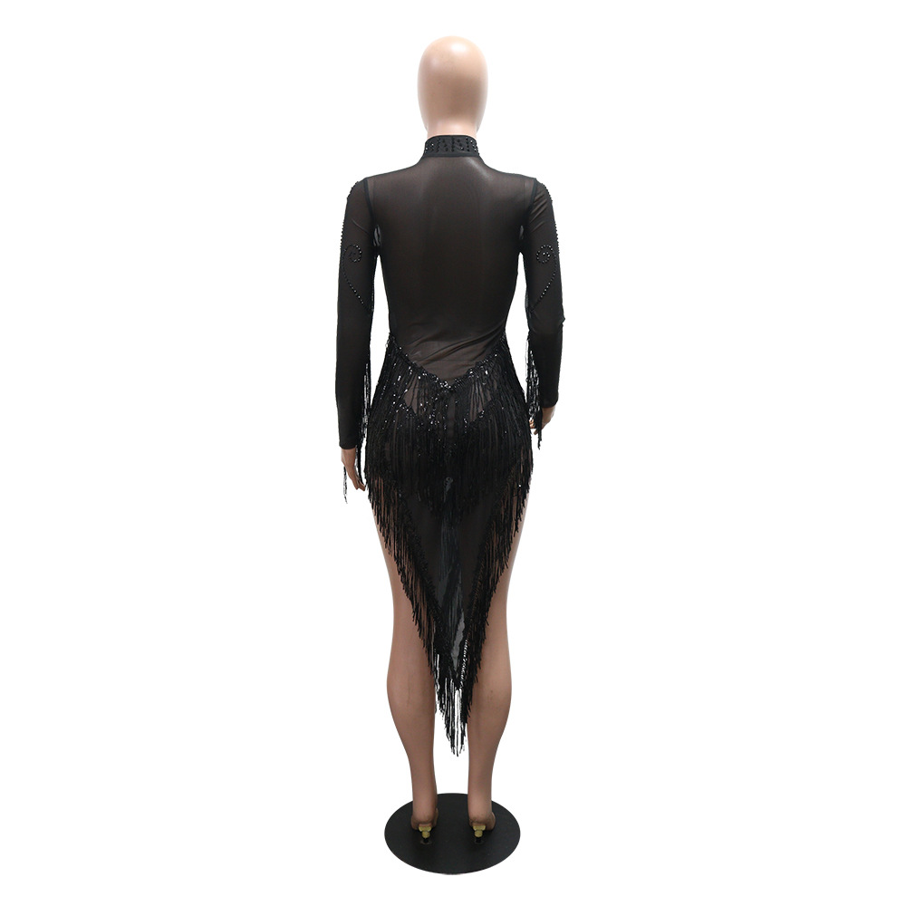 Sequins perspective round neck tassels dress