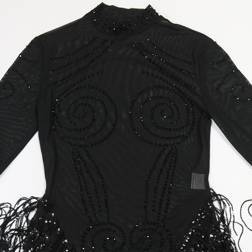 Sequins perspective round neck tassels dress