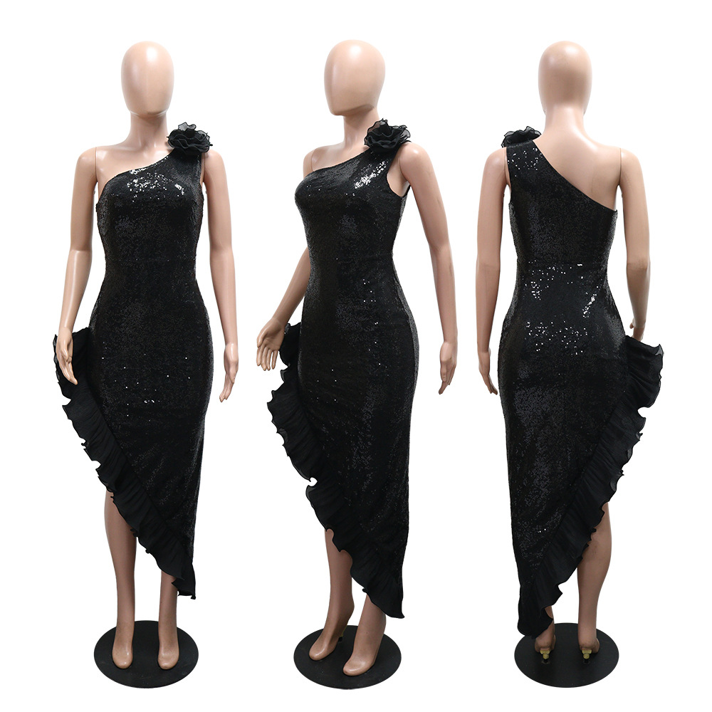 Split European style lace sloping shoulder dress for women