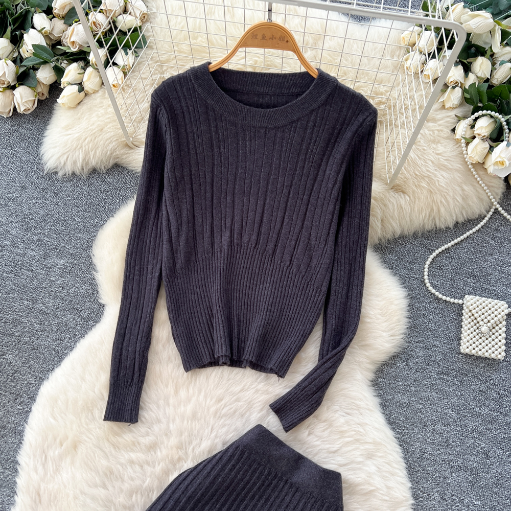 Long sleeve all-match long skirt 2pcs set for women