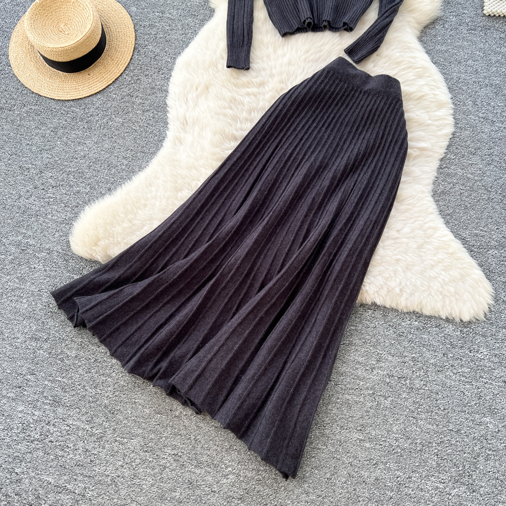 Long sleeve all-match long skirt 2pcs set for women