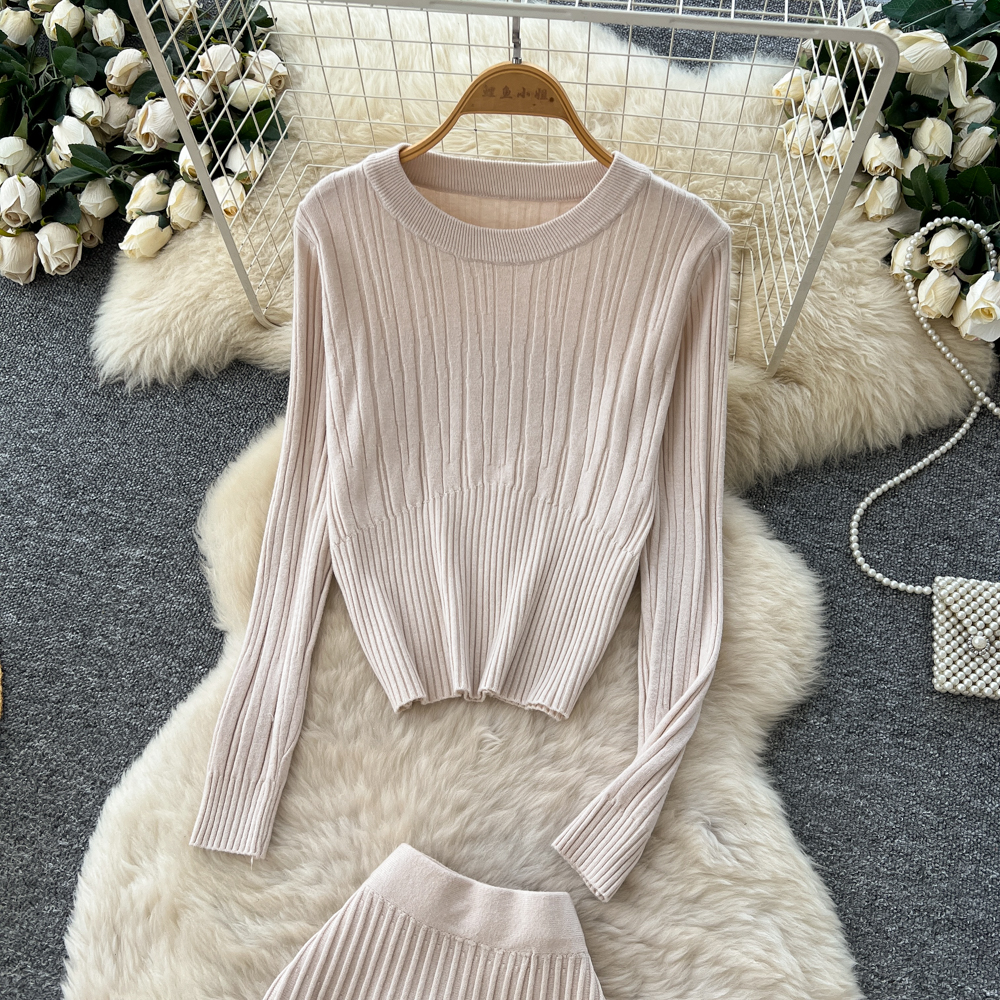 Long sleeve all-match long skirt 2pcs set for women