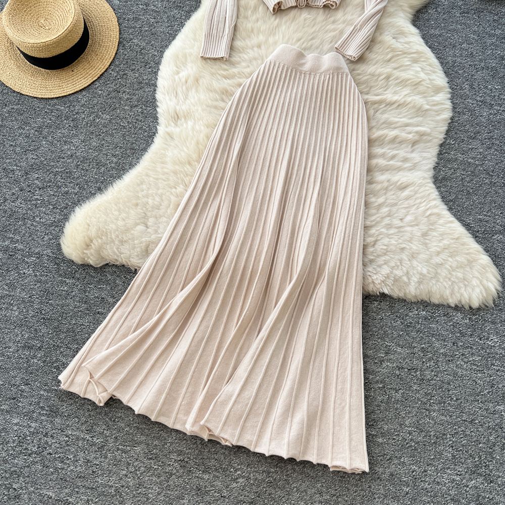 Long sleeve all-match long skirt 2pcs set for women