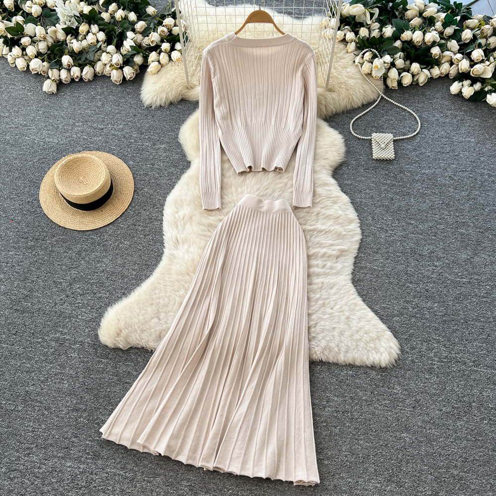 Long sleeve all-match long skirt 2pcs set for women