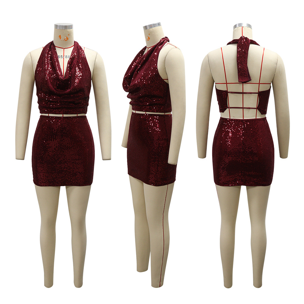 European style short skirt halter tops 2pcs set for women