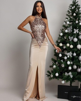 Fashion elasticity sexy sequins split dress