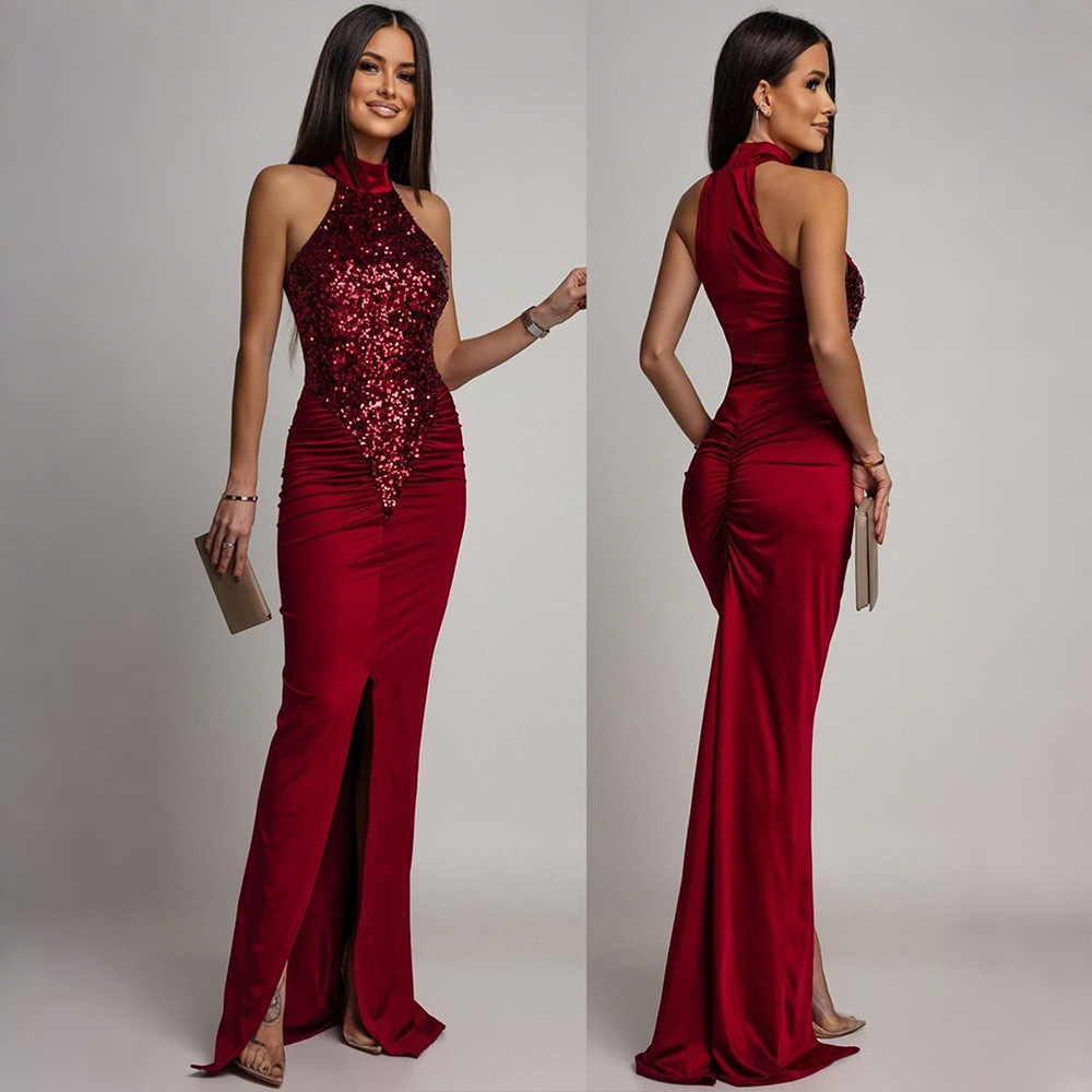 Fashion elasticity sexy sequins split dress