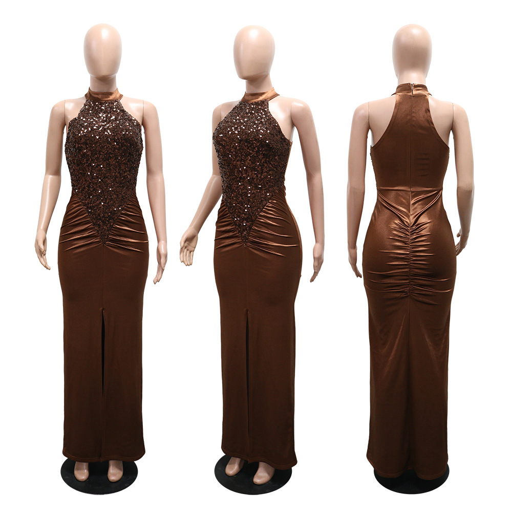 Fashion elasticity sexy sequins split dress