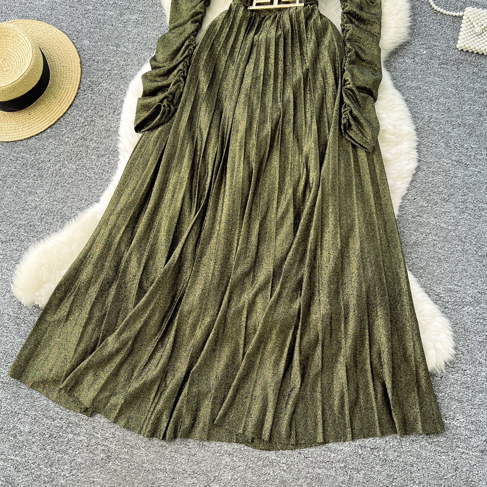 Long sleeve V-neck dress fold long dress for women