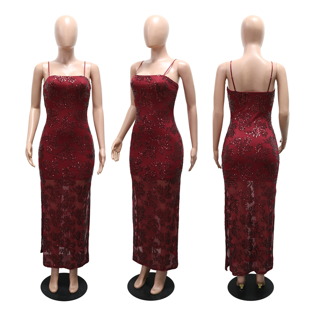 Fashion sequins long dress split dress for women