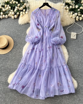 Floral lantern sleeve dress high waist long dress for women