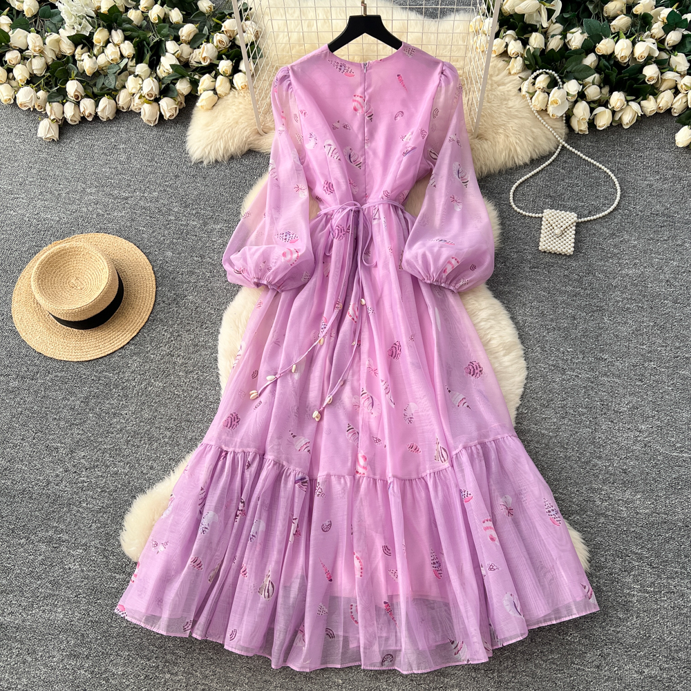 Floral lantern sleeve dress high waist long dress for women