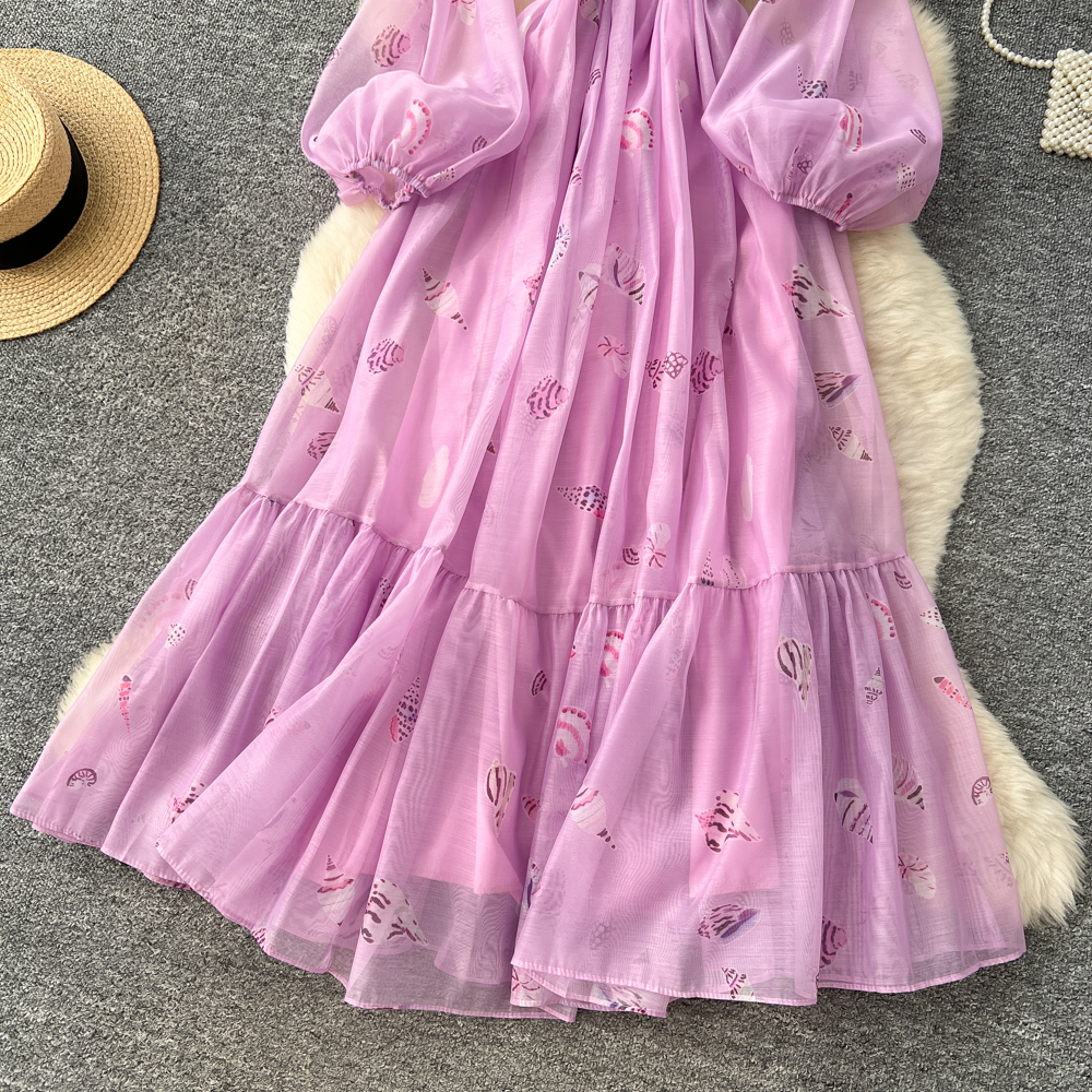 Floral lantern sleeve dress high waist long dress for women