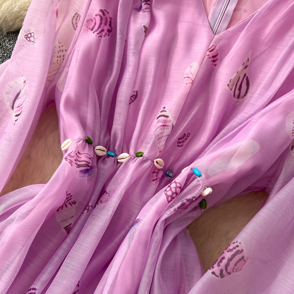 Floral lantern sleeve dress high waist long dress for women