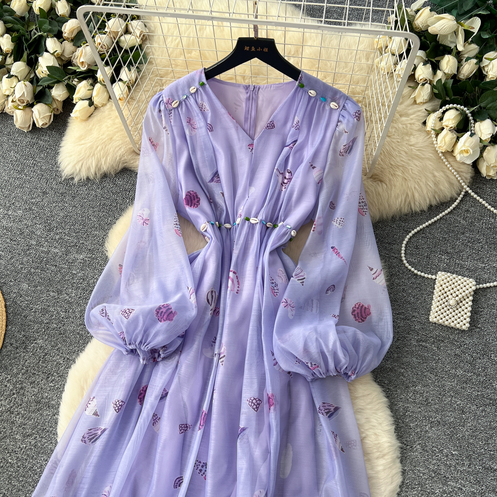 Floral lantern sleeve dress high waist long dress for women