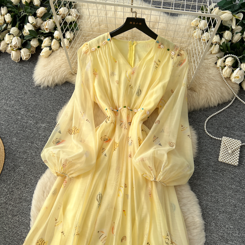 Floral lantern sleeve dress high waist long dress for women