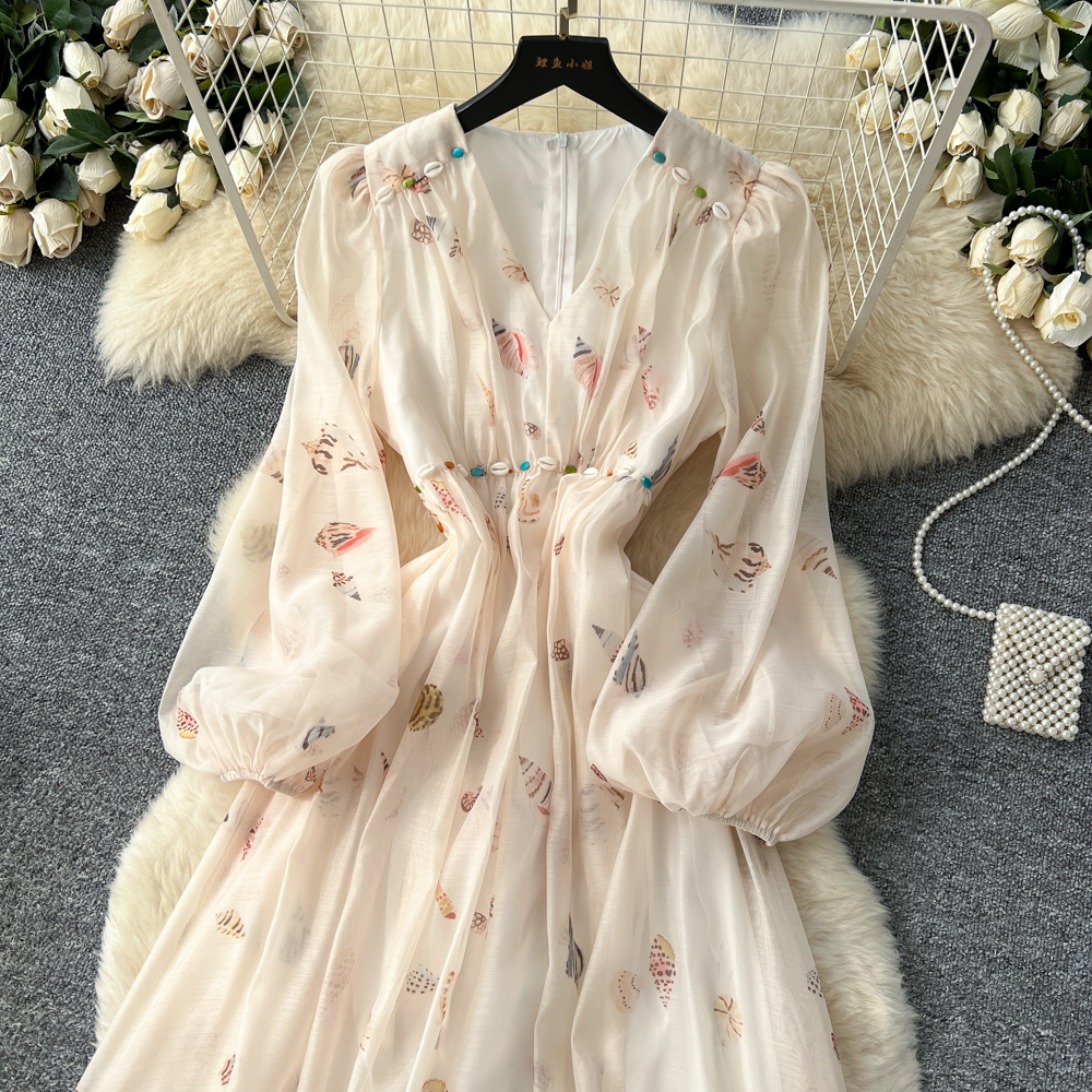 Floral lantern sleeve dress high waist long dress for women