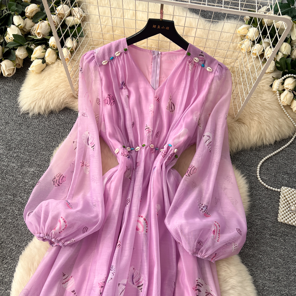 Floral lantern sleeve dress high waist long dress for women