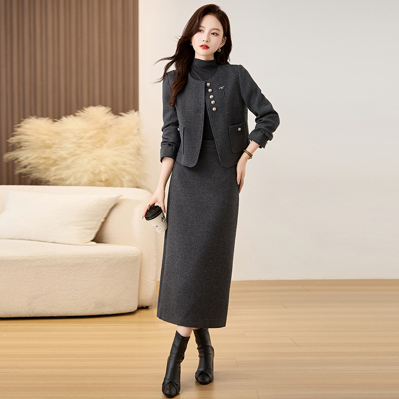 Spring woolen skirt chanelstyle business suit 3pcs set