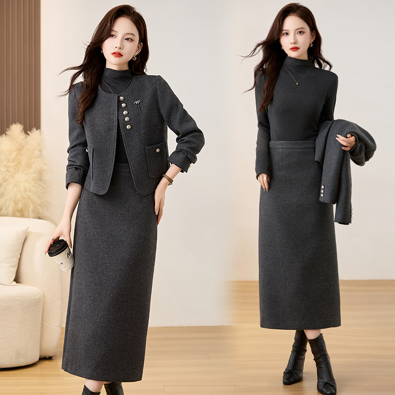 Spring woolen skirt chanelstyle business suit 3pcs set