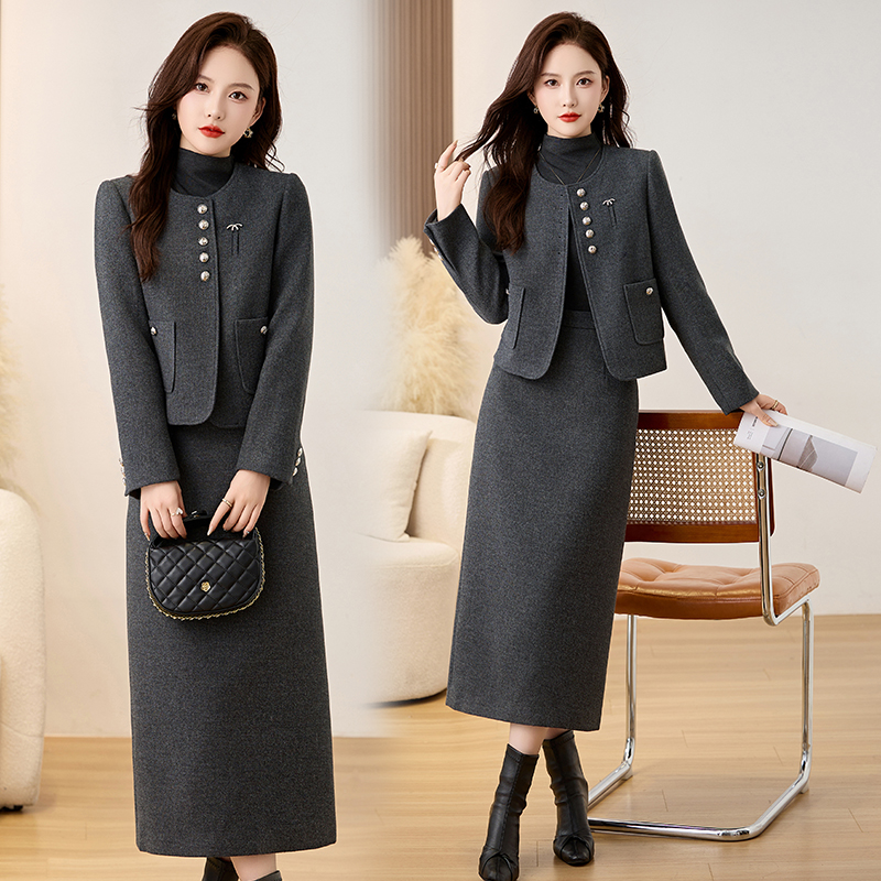 Spring woolen skirt chanelstyle business suit 3pcs set