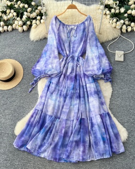 Bandage lantern sleeve dress tie dye long dress for women