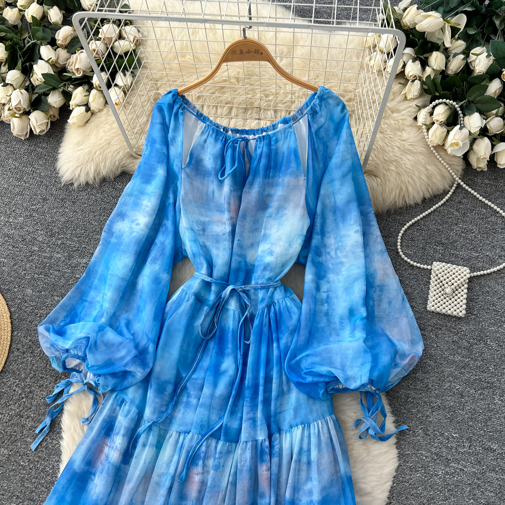 Bandage lantern sleeve dress tie dye long dress for women