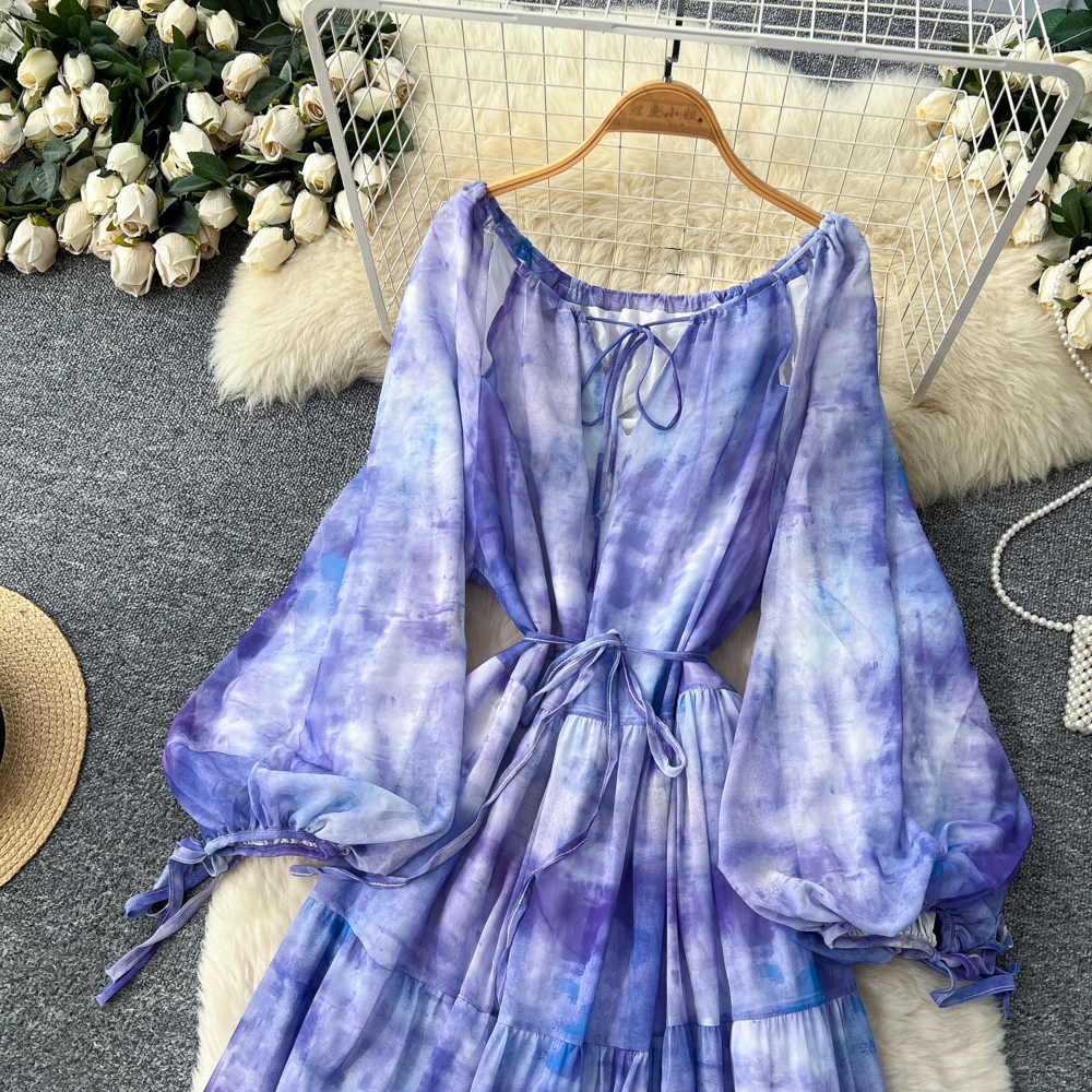 Bandage lantern sleeve dress tie dye long dress for women