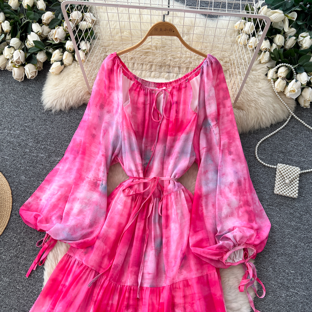 Bandage lantern sleeve dress tie dye long dress for women