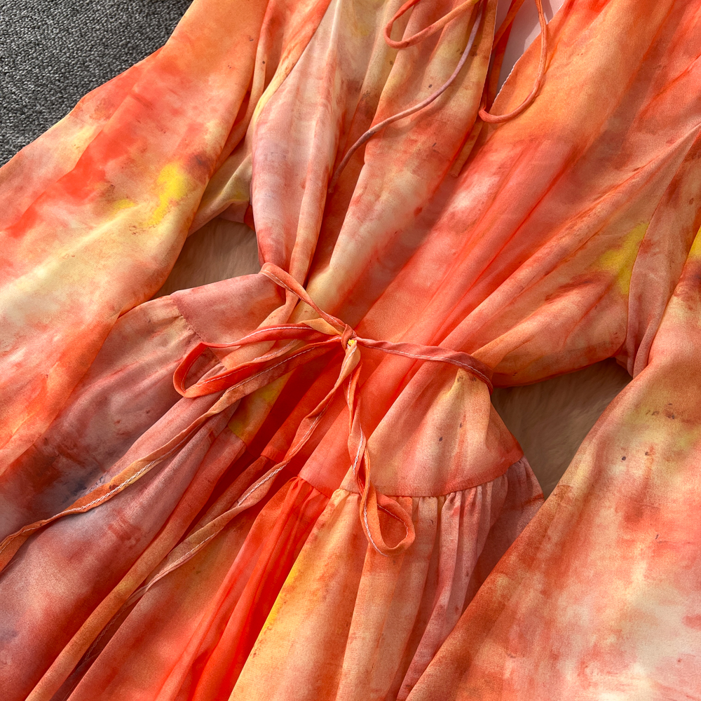 Bandage lantern sleeve dress tie dye long dress for women