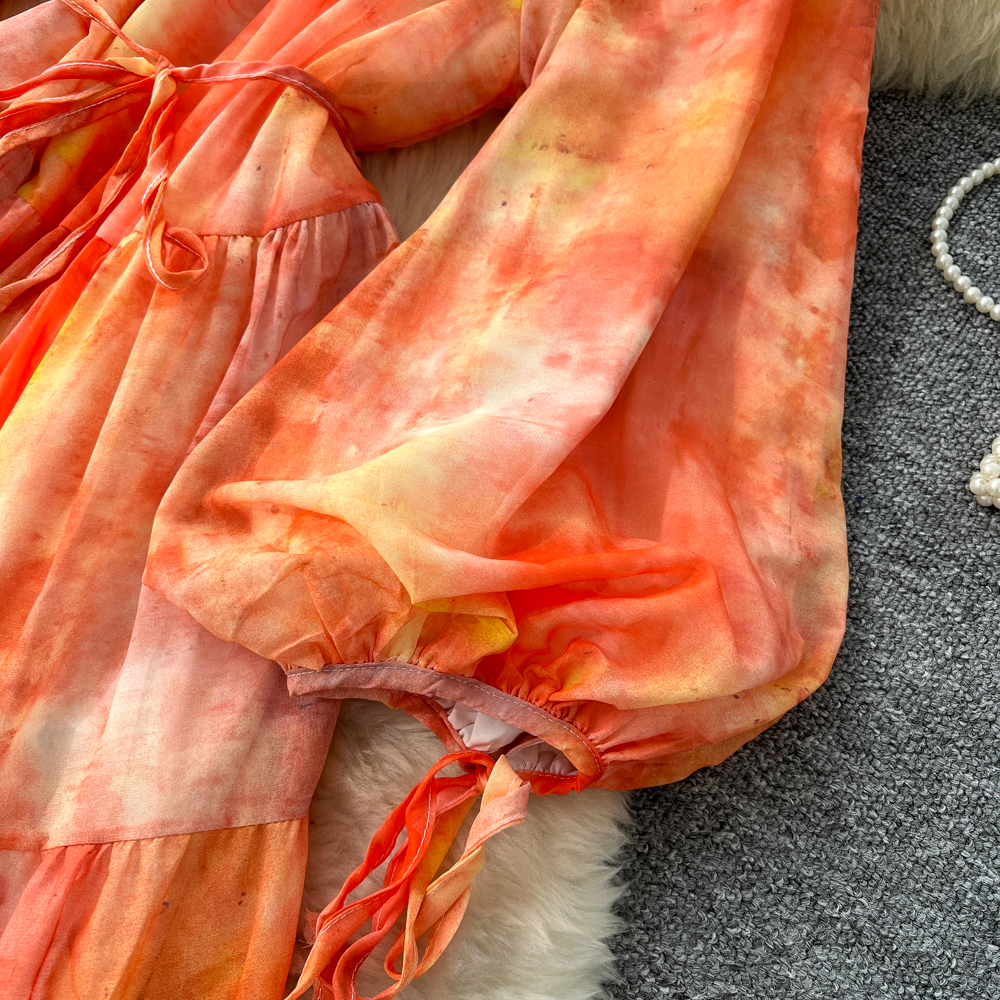 Bandage lantern sleeve dress tie dye long dress for women