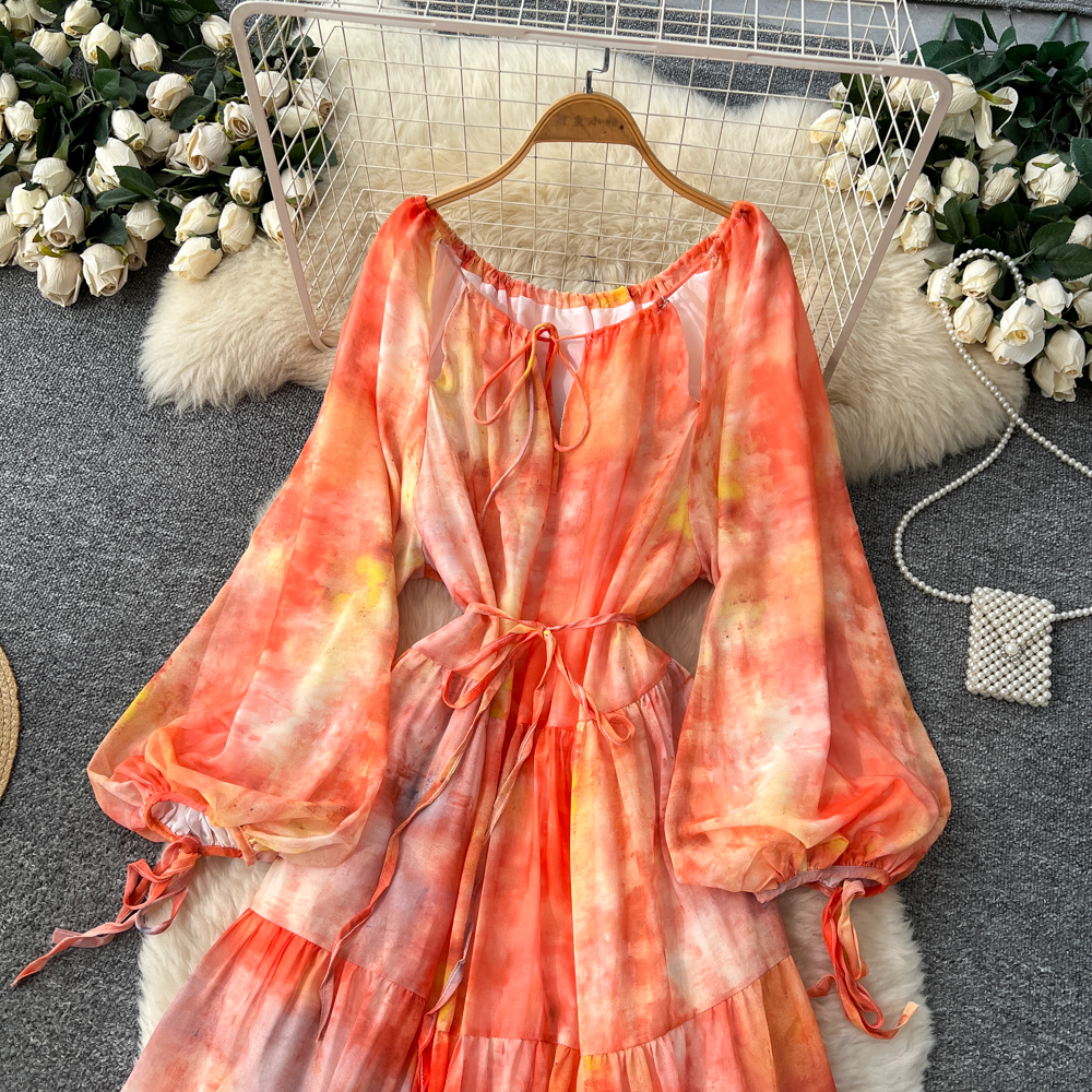 Bandage lantern sleeve dress tie dye long dress for women