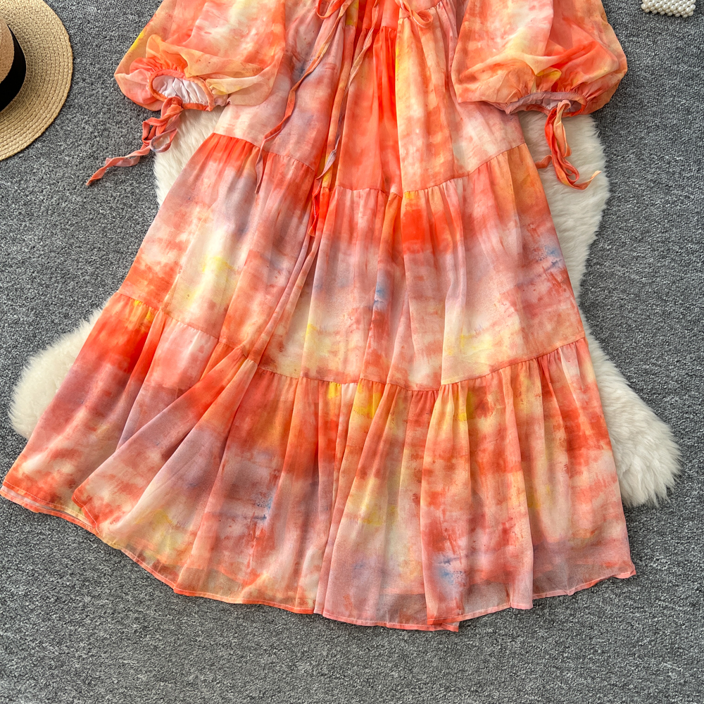 Bandage lantern sleeve dress tie dye long dress for women