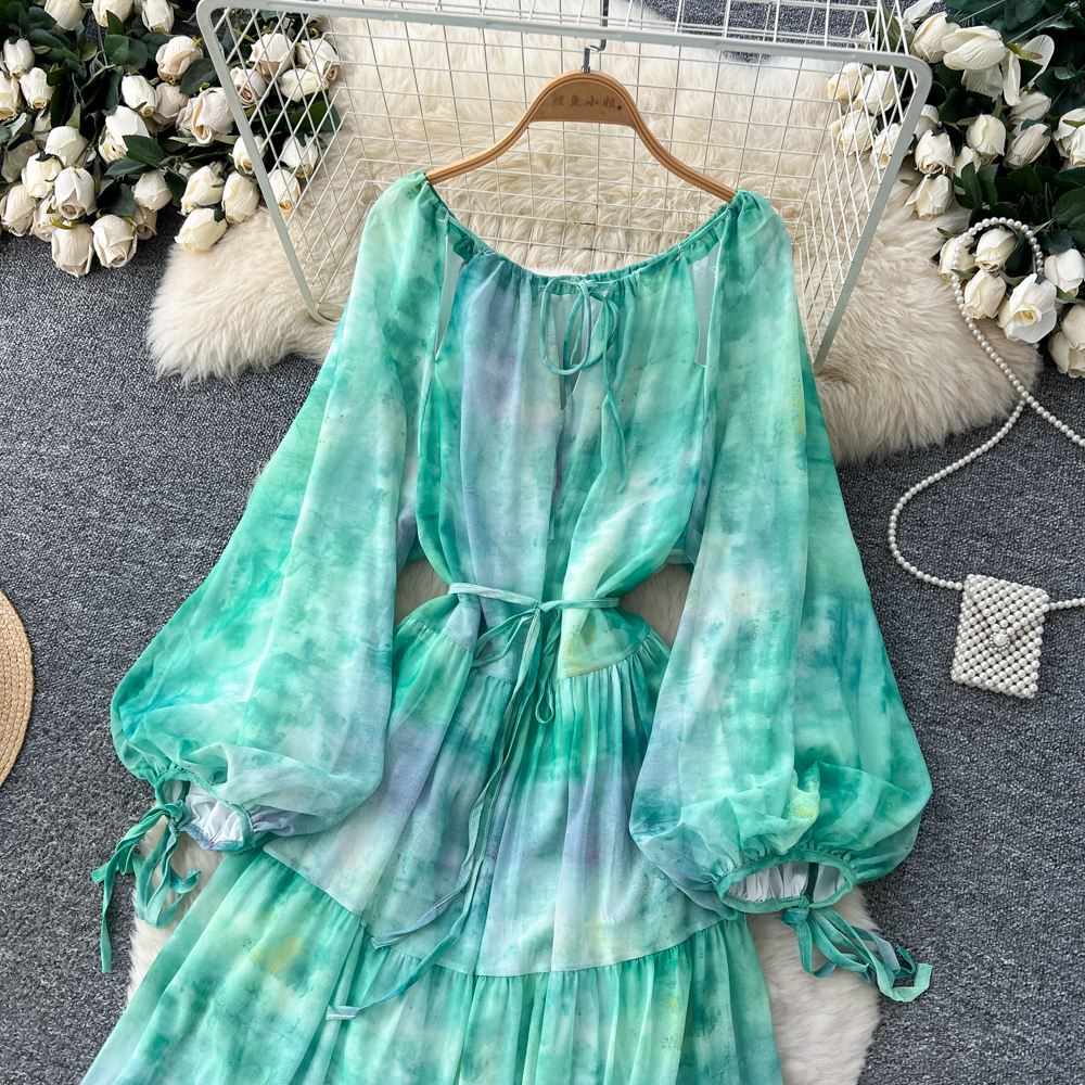 Bandage lantern sleeve dress tie dye long dress for women