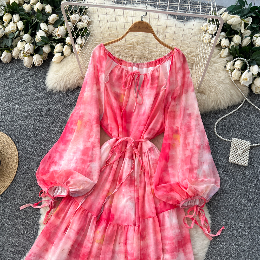Bandage lantern sleeve dress tie dye long dress for women