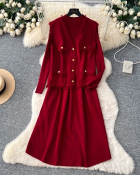 Tassels commuting cardigan knitted autumn dress 2pcs set