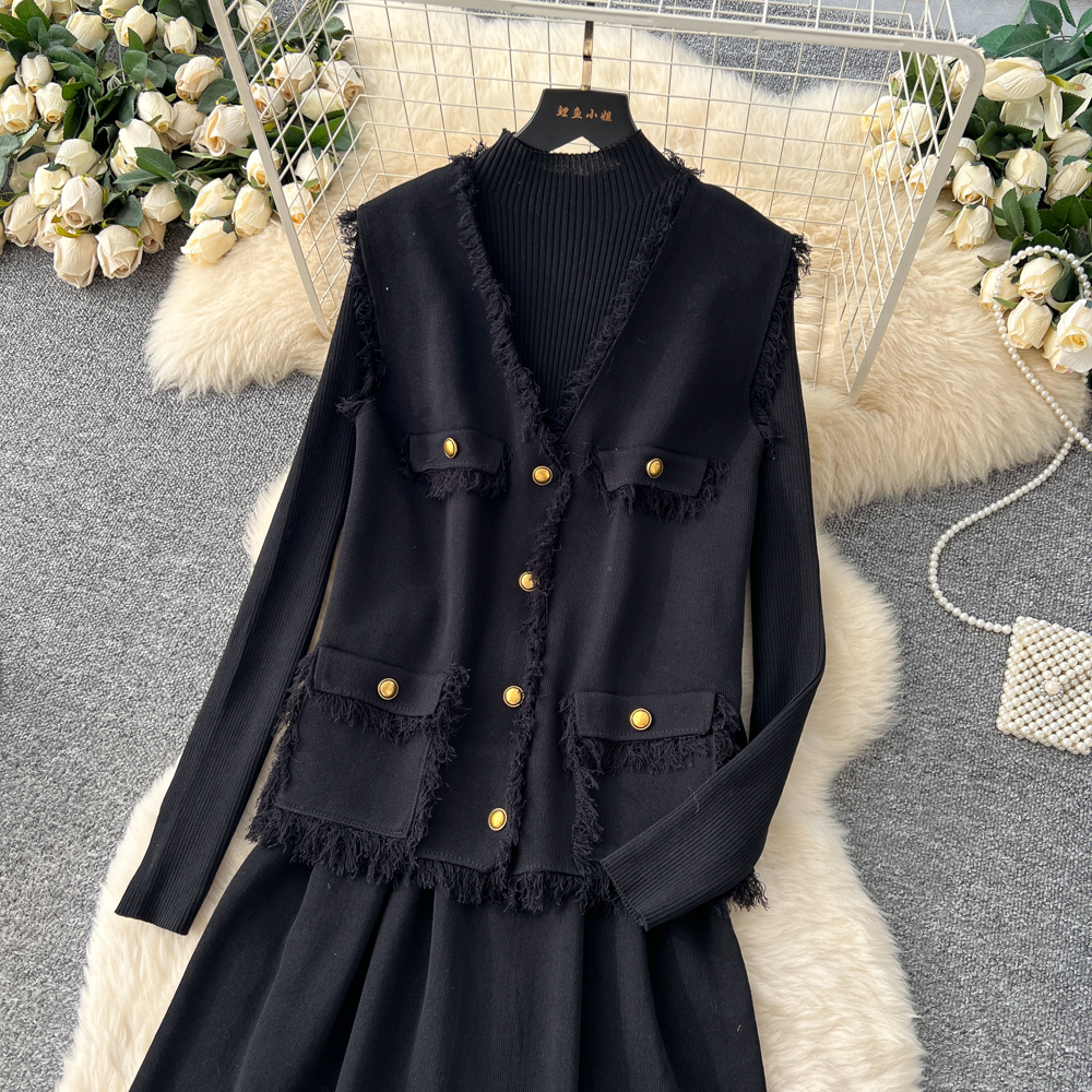 Tassels commuting cardigan knitted autumn dress 2pcs set