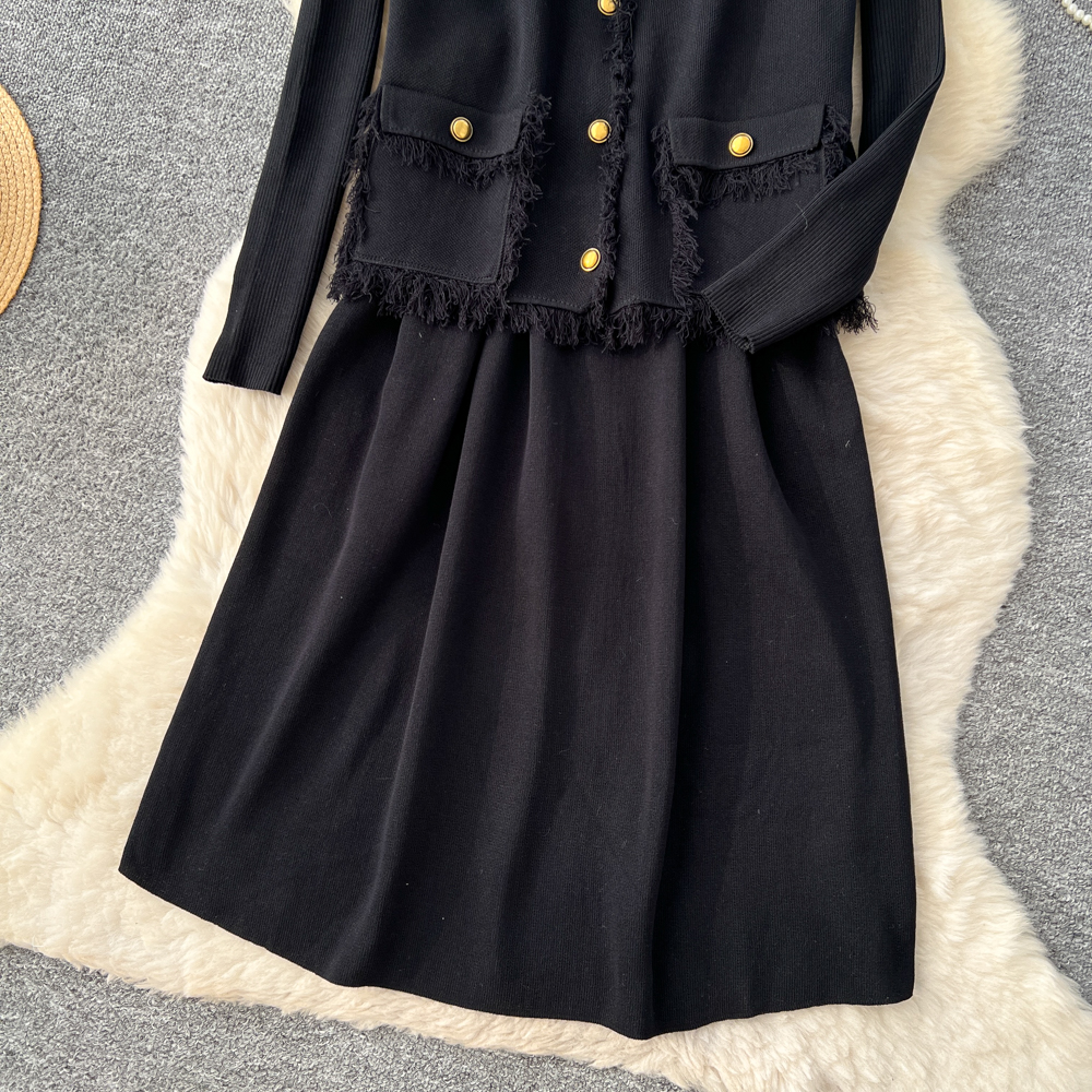Tassels commuting cardigan knitted autumn dress 2pcs set