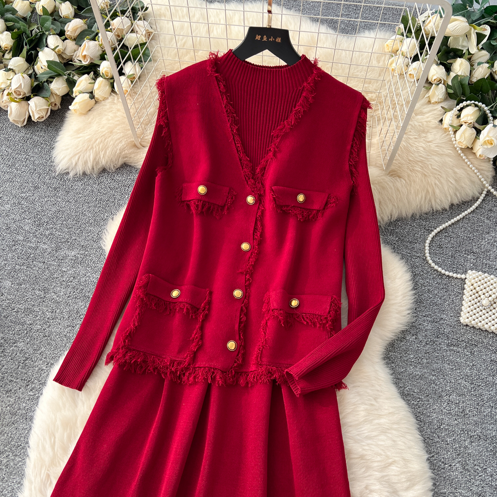Tassels commuting cardigan knitted autumn dress 2pcs set