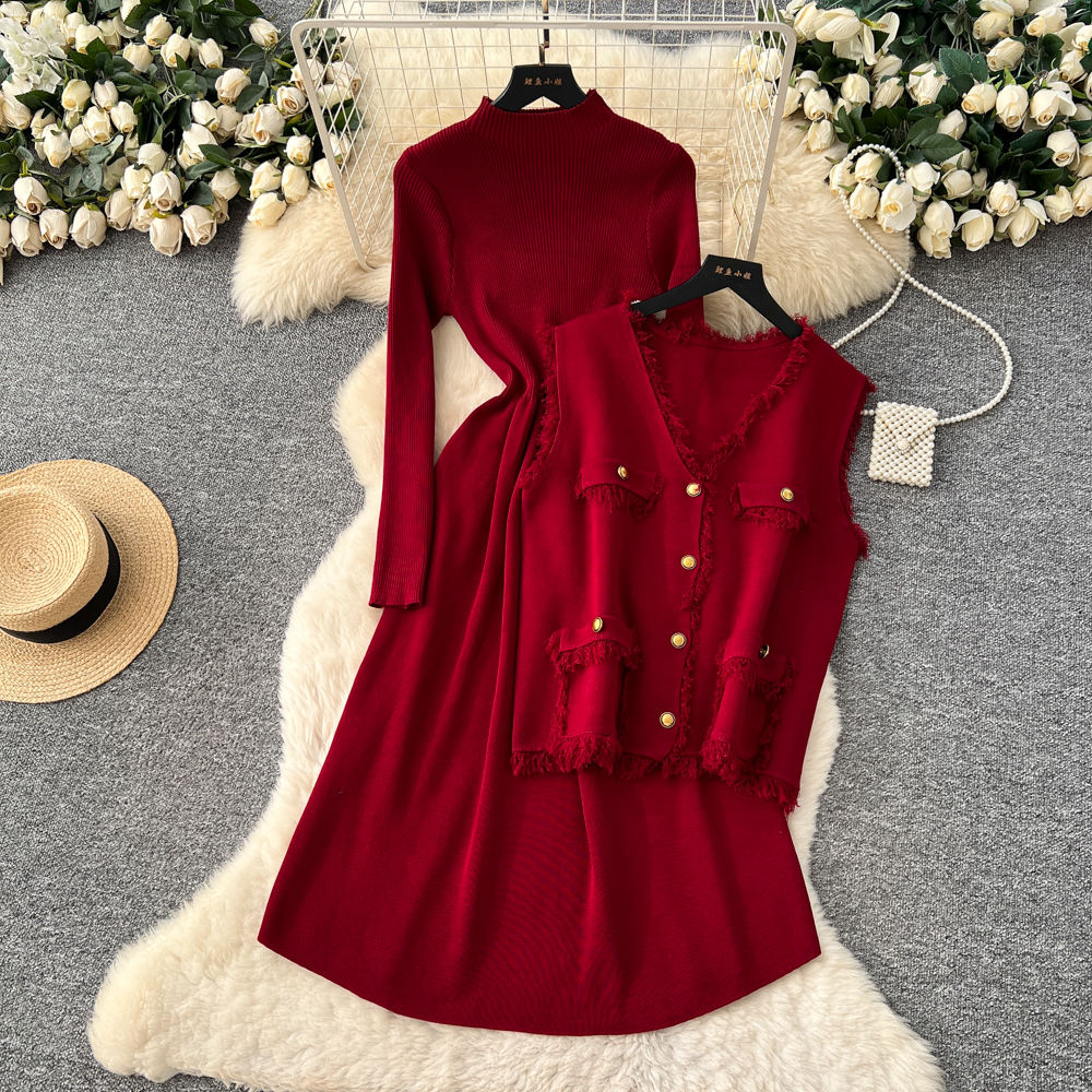 Tassels commuting cardigan knitted autumn dress 2pcs set