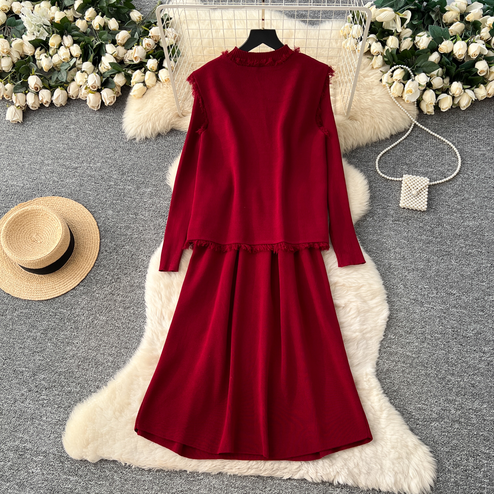 Tassels commuting cardigan knitted autumn dress 2pcs set