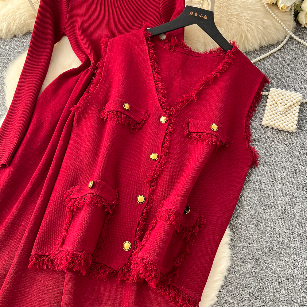 Tassels commuting cardigan knitted autumn dress 2pcs set