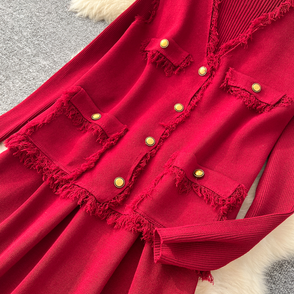 Tassels commuting cardigan knitted autumn dress 2pcs set