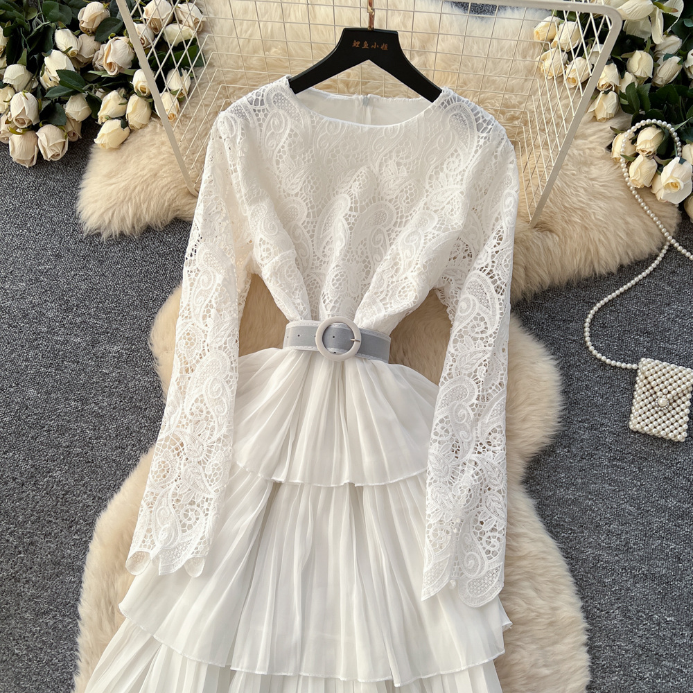 Long sleeve lotus leaf edges dress for women